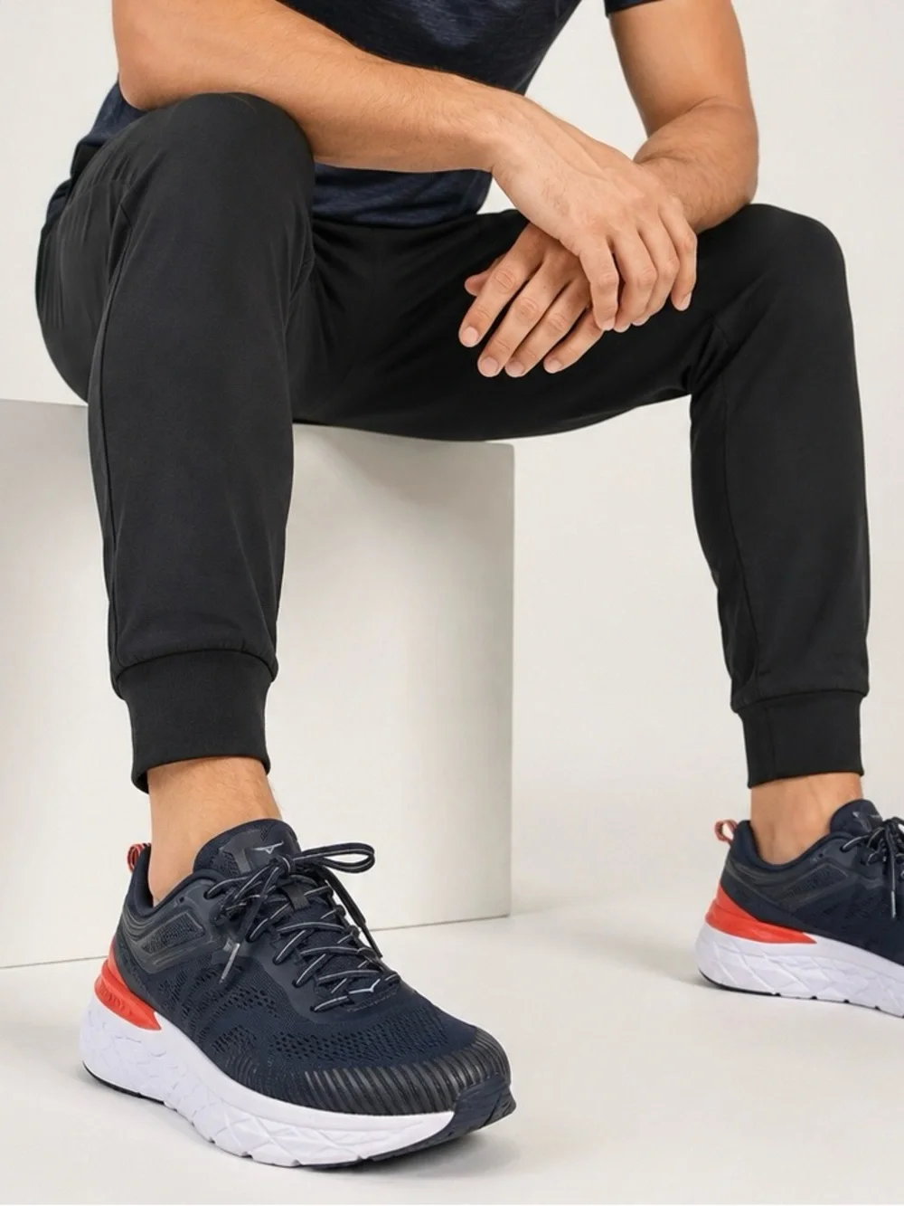 Hoka One One Men's Navy Blue and White Athletic Running Shoes with Red Accent